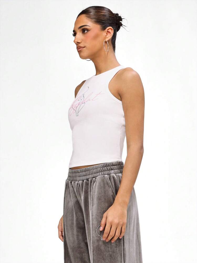 BABYPHAT Sleeveless Crew Neck Graphic Top With Text Print Summer Casual Tank Top