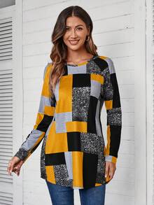 EMERY ROSE Women's Geometric Plaid Pattern T-Shirt,Graphic Tees Patch Work Top - Yellow - View 5