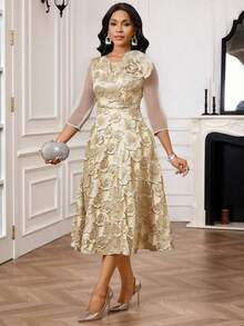 SHEIN Lady 春夏优雅派对婚礼鸡尾酒会音乐会/音乐节蓝色提花圆领喇叭形3D玫瑰修身连衣裙中长七分袖连衣裙优雅女士连衣裙高贵套装优雅礼服婚礼 - 杏色 - 查看 7