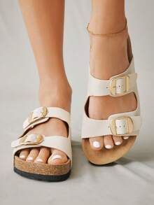 Women's Minimalist Metal Decor Flat Casual Fashion Beach Sandals - Beige - View 1
