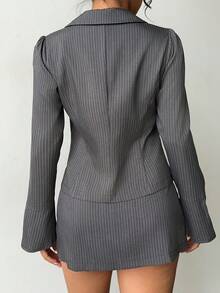 SHEIN MOOSTA Women's Striped Open Front Zip Waist Decor Metal Button Mini A-Line Skirt Suit - Grey - View 2