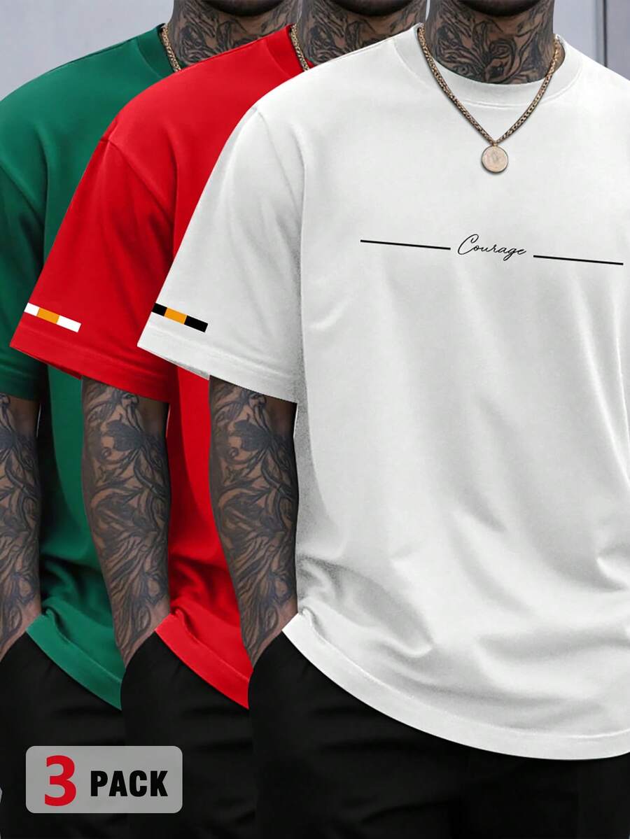 Manfinity Homme Men's Letter Print Round Neck Short Sleeve Casual Versatile T-Shirt - Multicolor - View 1