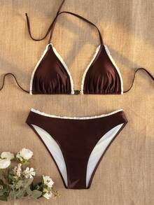 Swim Basics Women's Sexy Halter Tie Amber Trim Low Waist Triangle Bikini Set, Summer - Coffee Brown - View 3