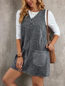 EMERY ROSE Casual Loose Sleeveless Pocket V-Neck Women Denim Dress - Grey - View 7
