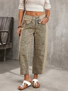 EMERY ROSE 女士休闲复古豹纹拼接低腰牛仔裤 - 淺灰色 - 查看 3