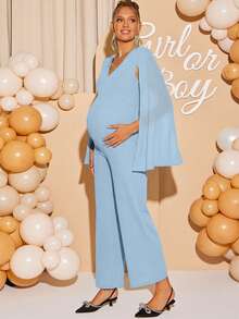 Loomaby 孕妇纯色斗篷袖V领优雅阔腿连体裤 - 藍色 - 查看 4