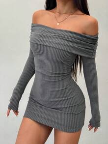 SHEIN PETITE 女款純色露肩長袖抓皺修身時尚洋裝，春夏派對婚禮休閒穿搭，適合嬌小女性 - 深灰色 - 查看 5
