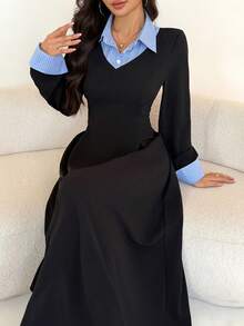 Mulvari Women's Elegant Black Long Sleeve Blue Striped Cinched Waist Arabic Dress, Autumn - Black - View 1