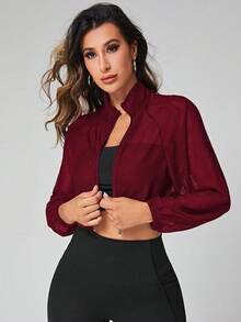 SHEIN Sports 女士立领拉链短款长袖休闲日常多功能户外运动夹克 - 酒紅色 - 查看 4