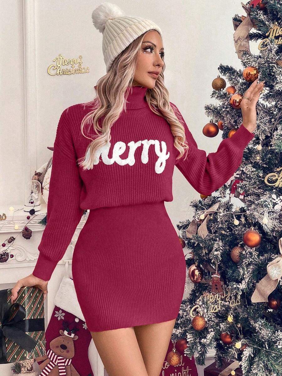 SHEIN LUNE Women's Casual Christmas Letter Print Turtleneck Red Embroidered Dress, Fall/Winter For New Year Clothes - Purple - View 1