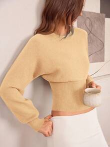 Hanevo 休闲圆领抽绳腰身修身纯色针织衫，适合秋冬季穿着。 - 杏色 - 查看 7