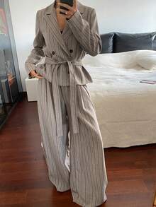 DAZY 女士休闲条纹系带阔腿西装裤，秋冬款 - 卡其色 - 查看 5