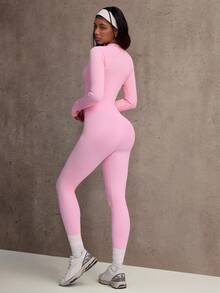 Easithlete Women's Ribbed Zipper Long Sleeve Jumpsuit - Pink - View 2