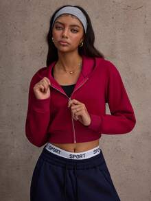 With My Calm Wine Red Hooded Zipper Front Long Sleeve Sports Jacket - Burgundy - View 3