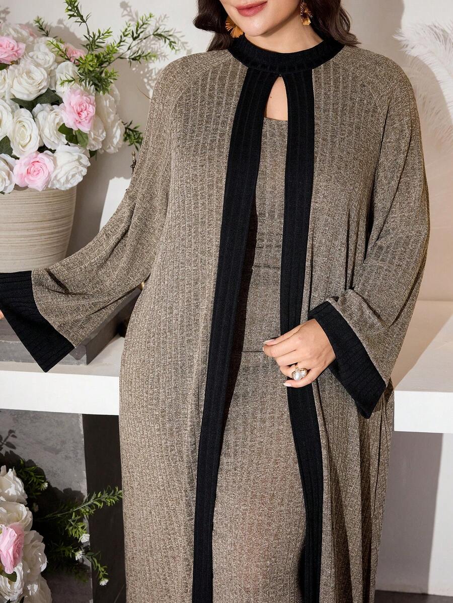 Modelyn 针织罗纹撞色开衫搭配无袖连衣裙，优雅时尚浪漫修身大码两件套 - 棕色 - 查看 1