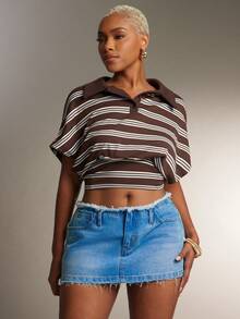 Denimoi Cinched Waist Collared Striped Polo Top Fashionable Tops Collared Top - Brown - View 3