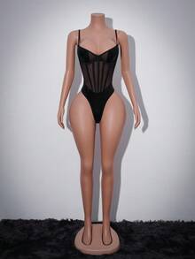 Snug Zone Schwarzer Mesh-Patchwork rückenfreier ausgeschnittener sexy Bodysuit - Schwarz - Übersicht 5