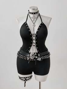Mono corto sexy de cuello halter de punto de alta elasticidad - Negro - Ver 5