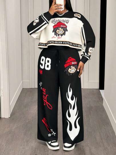 Slaydiva Women's Casual Street Style Loose Top And Pants Set, Suitable For Street Fashion, Black Cartoon Character And Flame Print, Fit For Hip Hop