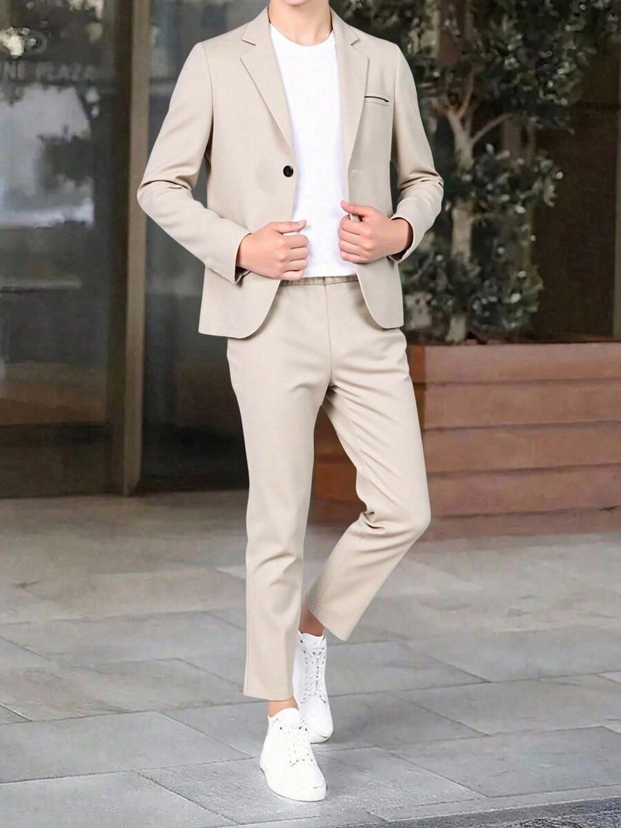 SHEIN 2pcs Tween Boy Summer Casual Preppy Gentleman Service Solid Color Blazer Jacket And Elastic Waist Formal Trousers Suit, Suitable For Birthday Party, Gala, Performance, Wedding,In Fall/Winter
