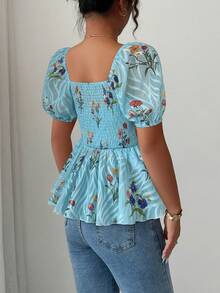 Elenzga Áo cánh thời trang nữ cổ vuông tay bồng viền bèo nhún họa tiết hoa - Nhiều màu - Xem 2