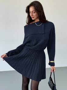 Aloruh Vestido de lana rojo vino de otoño para mujer con pliegues en la cintura, vestido de punto ajustado de línea A, vestido de suéter de manga larga con un hombro, vestido de hombro oblicuo para mujer en invierno - Azul Marino - Ver 2