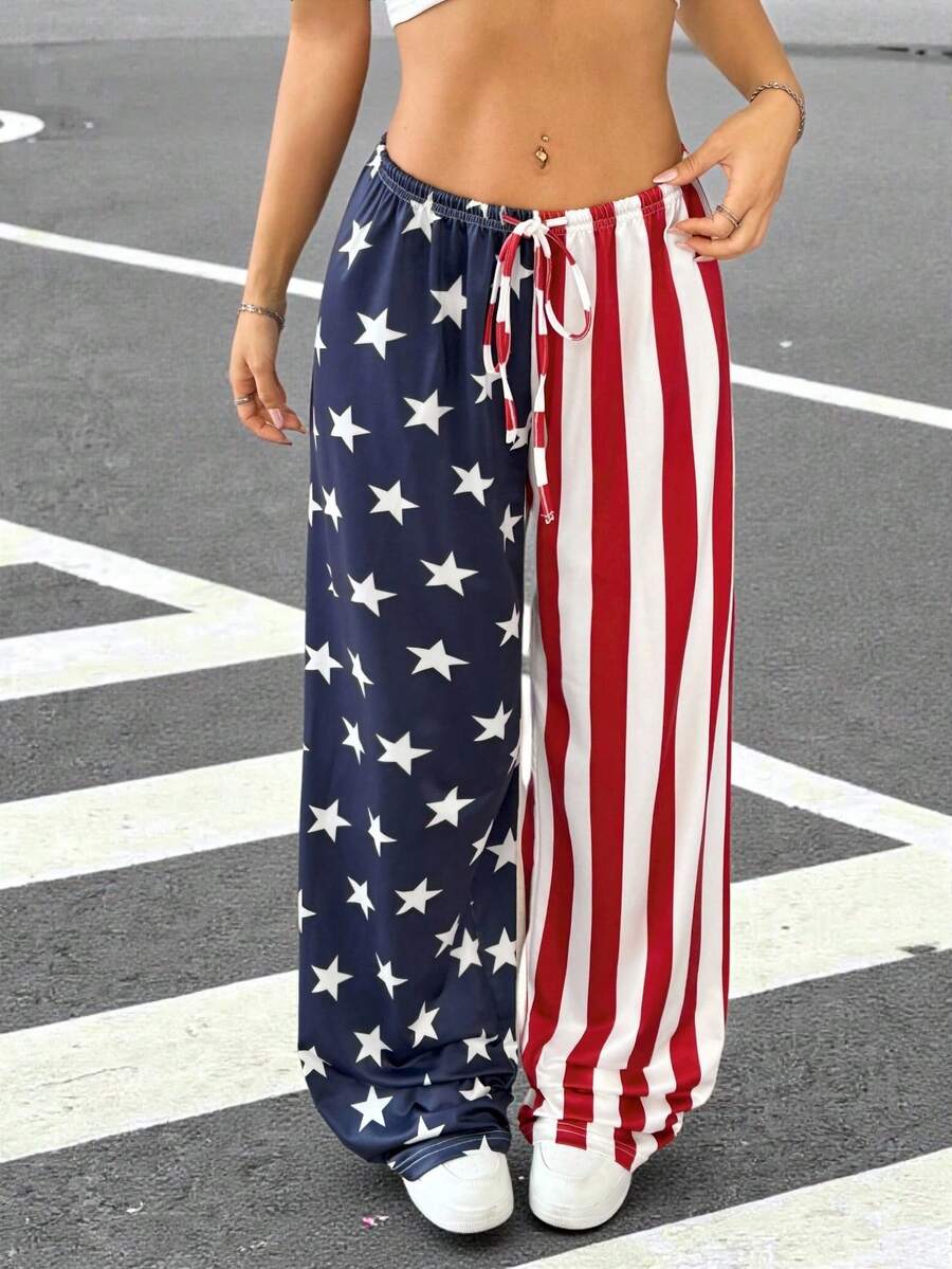 Muchica Women 4th Of July Contrast Color Striped Star Flag Print Pants - Multicolor - View 1
