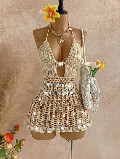 SHEIN X Scot Louie Soleia Vestido mini calado de ganchillo, decorado con lentejuelas, vestido de estilo de sirena de punto para vacaciones de verano, fiesta nocturna y citas, sexy