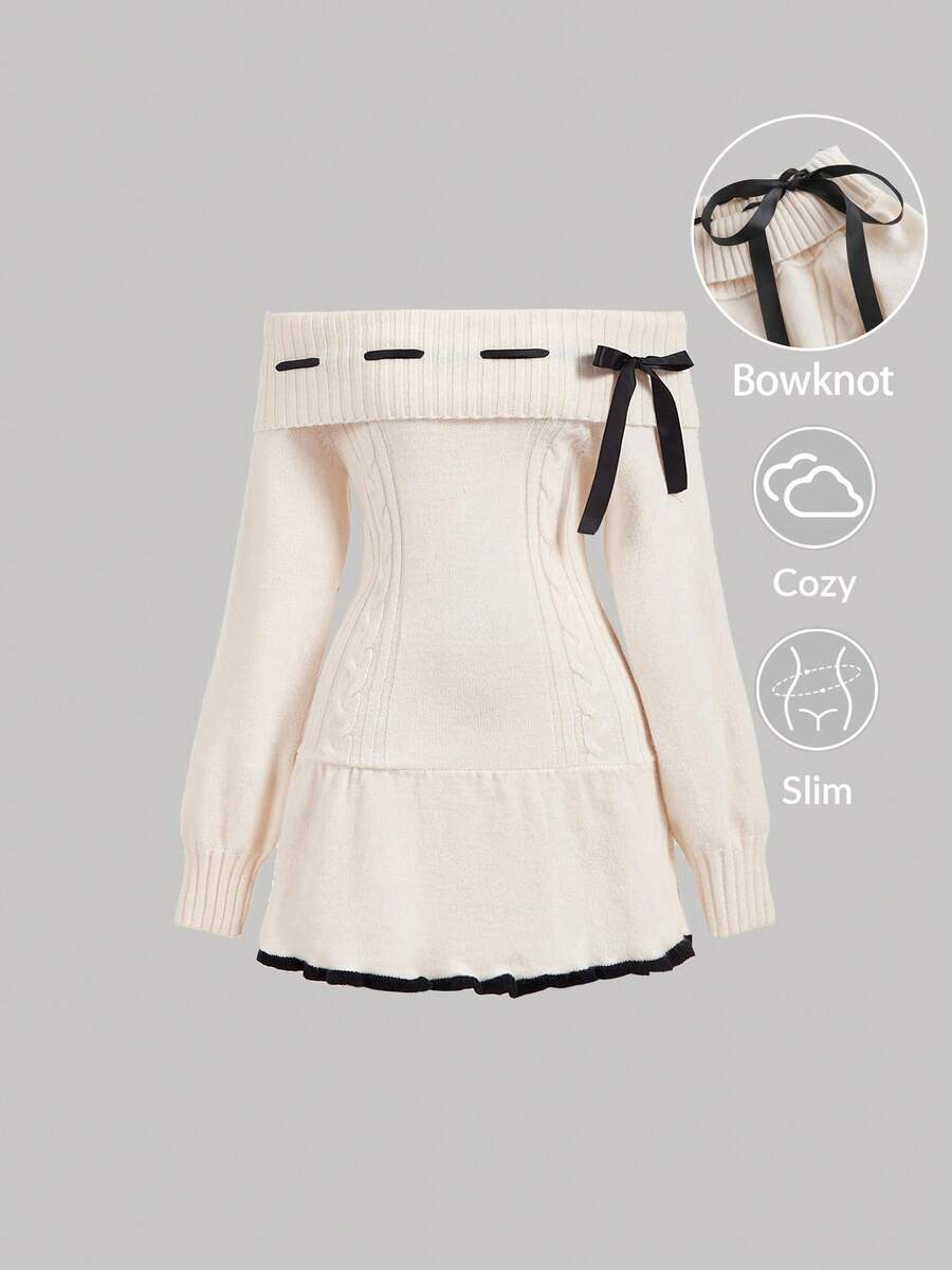 SHEIN MOD 杏色和黑色提花蝴蝶结露肩长袖毛衣裙、返校节礼服、优雅女士连衣裙、机场女士服装、服装、猫女服装、短款礼服、秋装、派对女士连衣裙