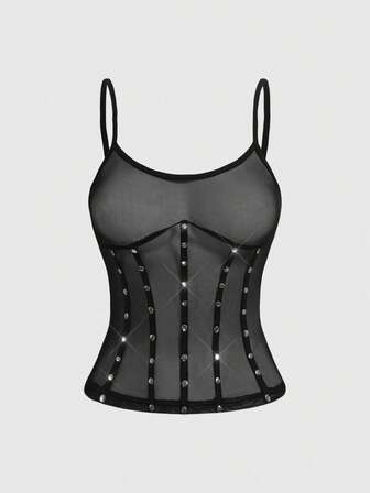 Grunge Punk Top canottiera trasparente con decorazione a rivetti in stile Y2K per donna