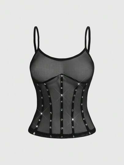 Grunge Punk Débardeur transparent avec décoration de rivets style Y2K pour femmes