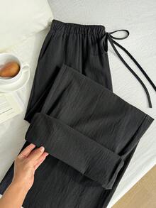 Comfortcana Plus Size Women Simple Solid Color Wide Leg Summer Pants - Black - View 5