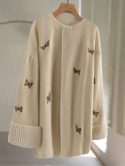 GlowEve CURVE 大码女式 V 领开衫，纯色针织，蝴蝶刺绣和金属纽扣，休闲分层毛衣，适合圣诞节、万圣节、度假、返校、复古办公室穿着