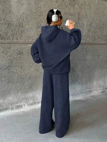 2件套少女海军蓝宽松连帽卫衣+裤子，休闲百搭时尚套装 - 藏蓝色 - 查看 2