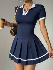 Dewbera 女式撞色绑带V领短袖褶边瑜伽运动连衣裙（含紧身裤） - 藏蓝色 - 查看 5