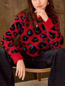 Hansera Women's Leopard Jacquard Knit Pullover Sweater, Crew Neck, Long Sleeve, Thick Knit, Mid-Length, Winter,Leopard Print,Red,Red Top,Winter Clothes For Women,Christmas,Christmas Sweater - Red - View 1