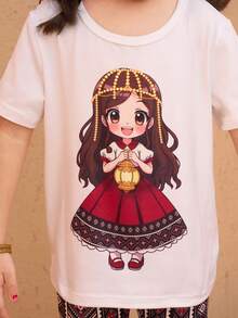 2pcs Girls Ramadan Crescent Moon Print Short Sleeve Top & Diamond Pattern Flare Pants Set, Suitable For Daily Outings, Spring/Summer - Black - View 4