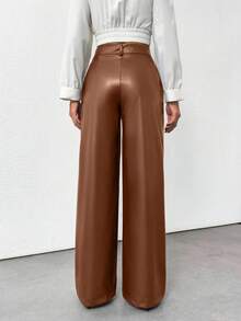 EURMUSE Prive Gold Button Detailed Straight Fit Leather Pants - Chocolate Brown - View 2