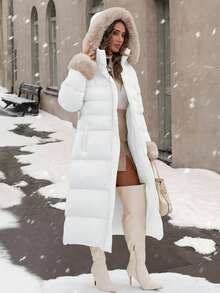 EURMUSE 带蓬松帽领和袖口的连帽大衣，配有腰带，及地长款，非常保暖且优雅 - 白色 - 查看 5