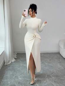 Elenzga Đầm dự tiệc đa năng hàng ngày, cổ áo Mandarin, dệt kim họa tiết, viền kim loại, nút bấm, gợi cảm, thanh lịch dành cho nữ - Màu be - Xem 7
