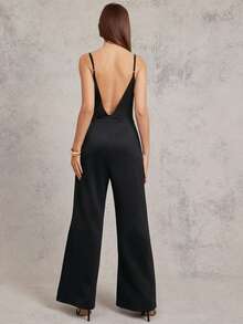 L'Amorae Women's Solid Color Backless Sexy Spaghetti Strap Jumpsuit - Black - View 2