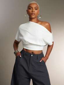 Denimoi Cinched Waist Off Shoulder Top Fashionable Everyday Tops Fashion Tshirt - White - View 1