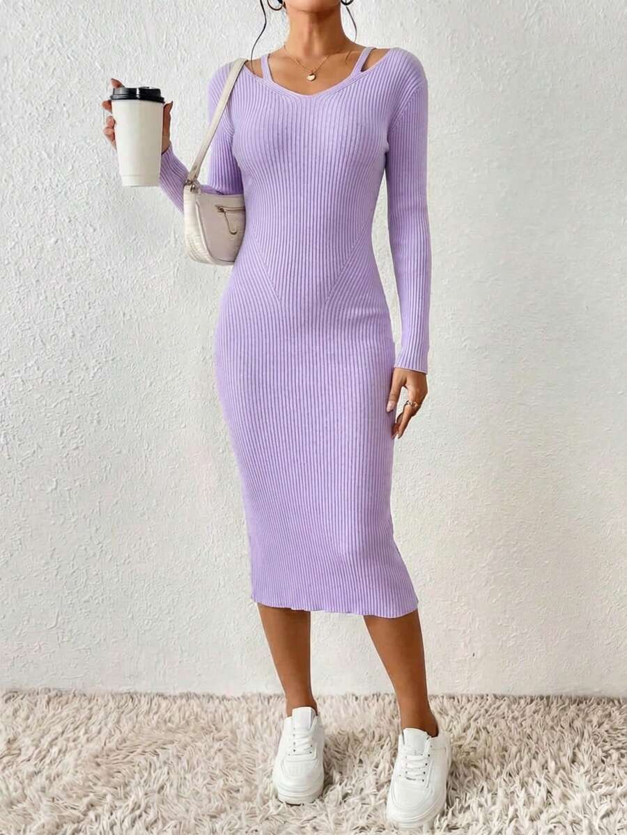 Vestido mujer casual estilo moderno canalé material sintético sin estampado ajuste ceñido cuello V manga larga otoño invierno uso diario vestido - Púrpura malva - Ver 1