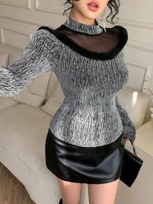 DAZY Women's Mesh Patchwork Stand Collar Long Sleeve Furry Decor Fitted Fashion T-Shirt - Black - View 3