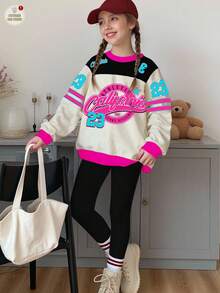 SHEIN Leap Crew Bộ đồ 2 món áo nỉ cổ tròn tay dài thoải mái và quần legging họa tiết chữ và số cổ điển cho bé gái tuổi mới lớn, phong cách đại học, trở lại trường, áo thể thao thời trang, phù hợp cho mùa thu/đông - Nhiều màu - Xem 2