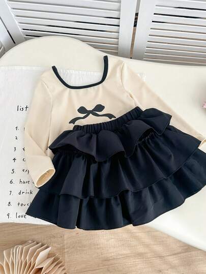 Genkimix Kids 2pcs/Set Young Girls Bow Print Boat Neck Long Sleeve Top + Tutu Layered Skirt, Cute Ballet Bow Print Outfit