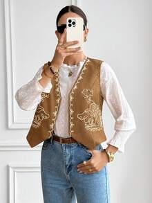 SHEIN Frenchy 女士复古花卉刺绣无袖衬衫 - 棕色 - 查看 5