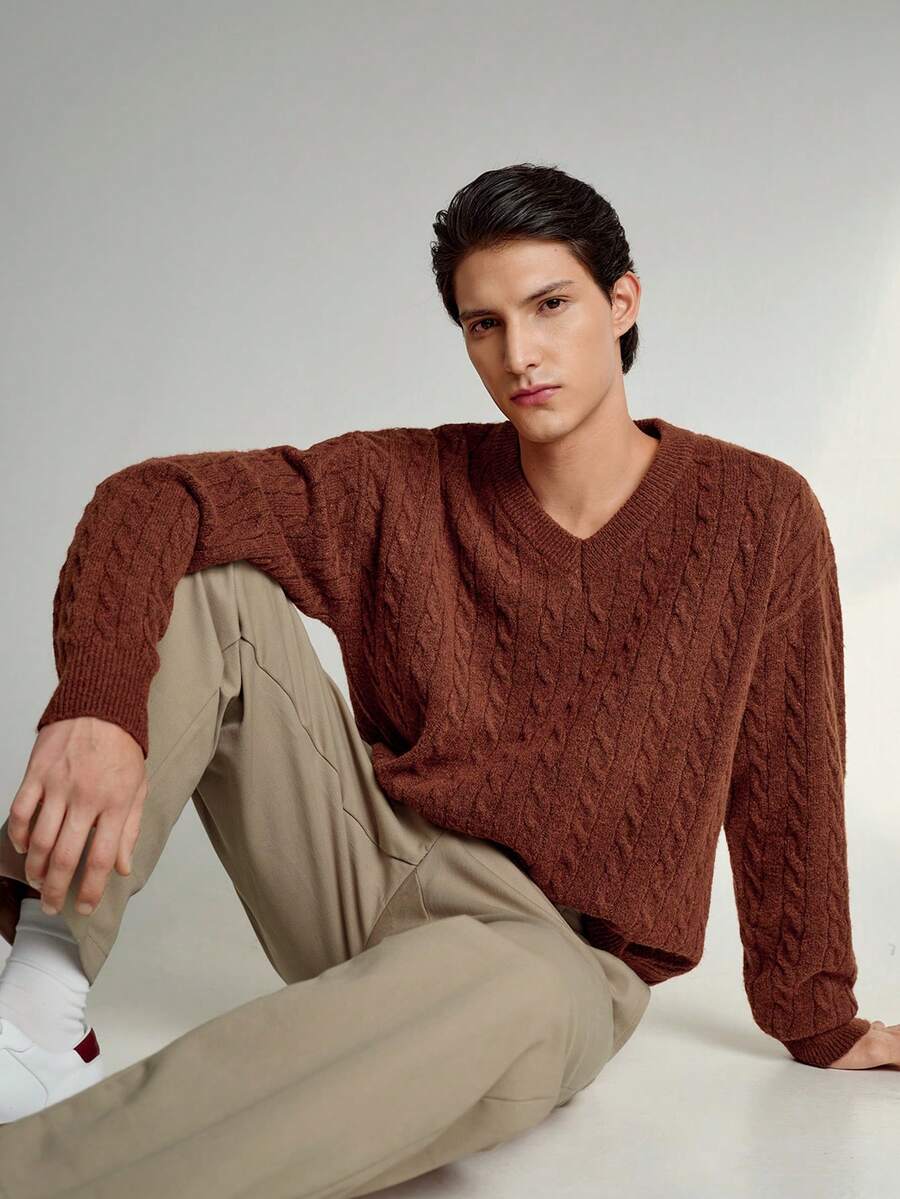 RONVEXI Men's Casual V-Neck Drop Shoulder Cable Knit Sweater, Autumn/Winter - Bronze - View 1