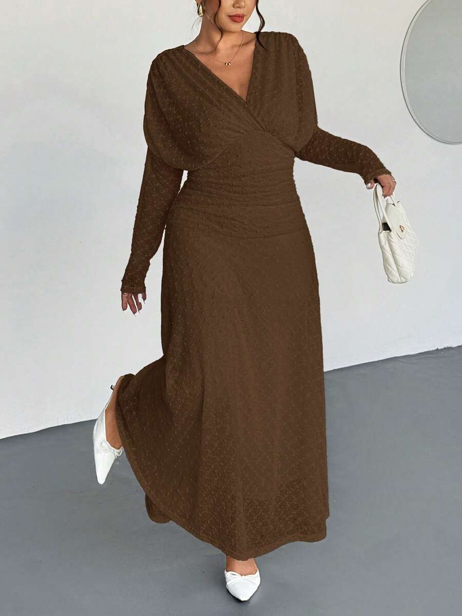 Firerie Plus Size Women Elegant Vacation Textured Fabric Ruched Long Sleeve V-Neck Elastic Waist Flared Dress, Autumn/Winter/Spring Outfits For Women - Brown - View 1