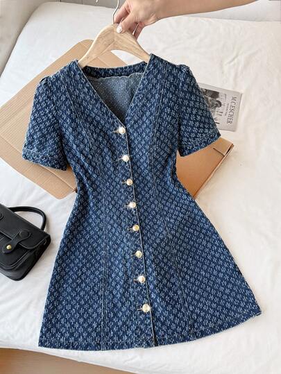 Comfortcana Vestido vaquero de mujer de moda casual con cuello en V y abotonadura sencilla